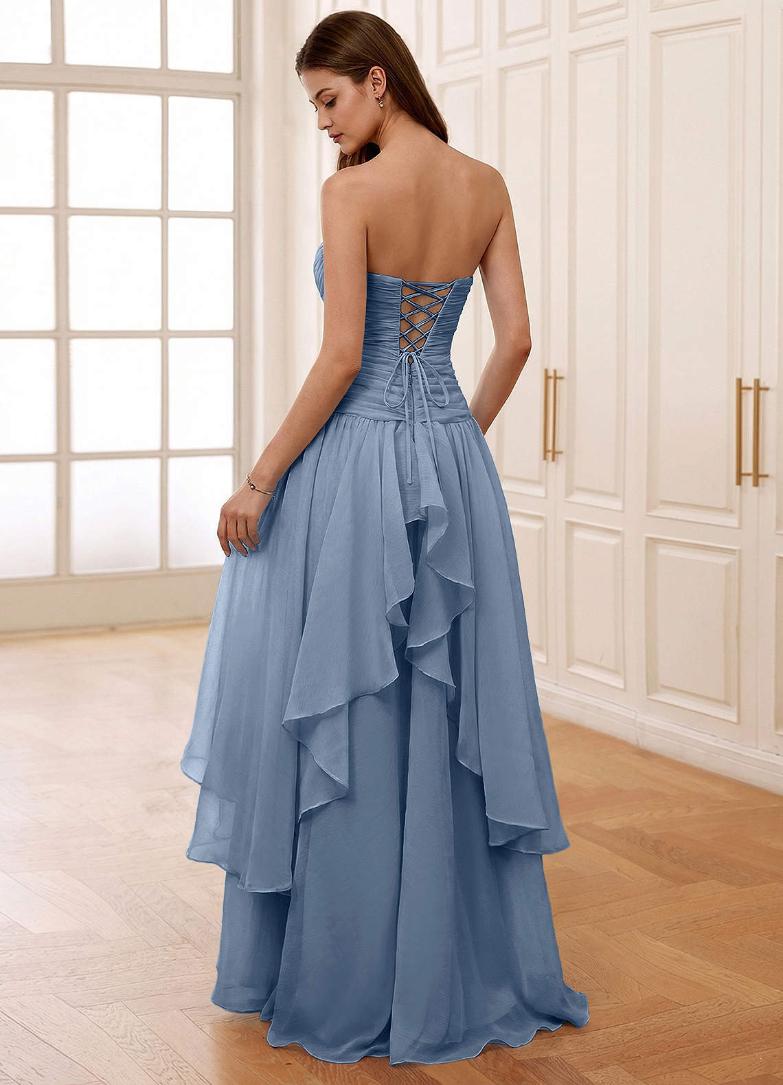 Ocavivien A-Line Strapless Tulle Prom Dress in Dusty Blue
