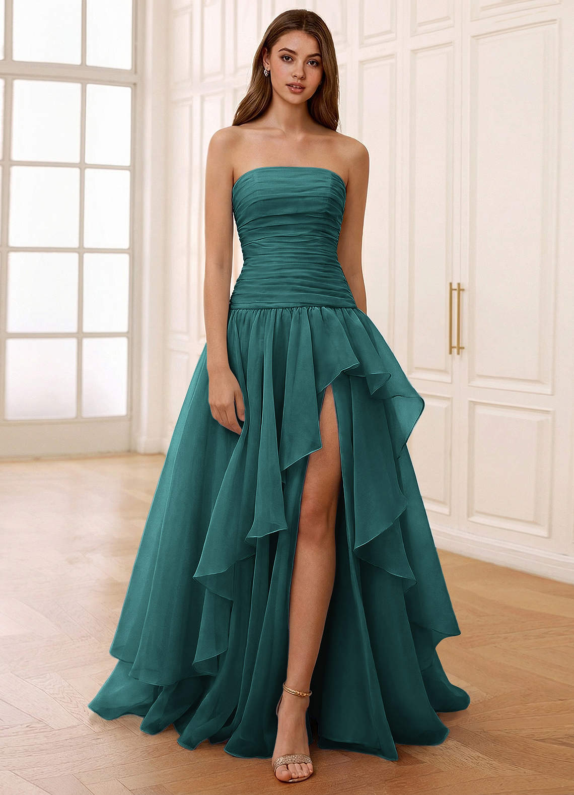 Ocavivien A-Line Strapless Tulle Prom Dress in Sage
