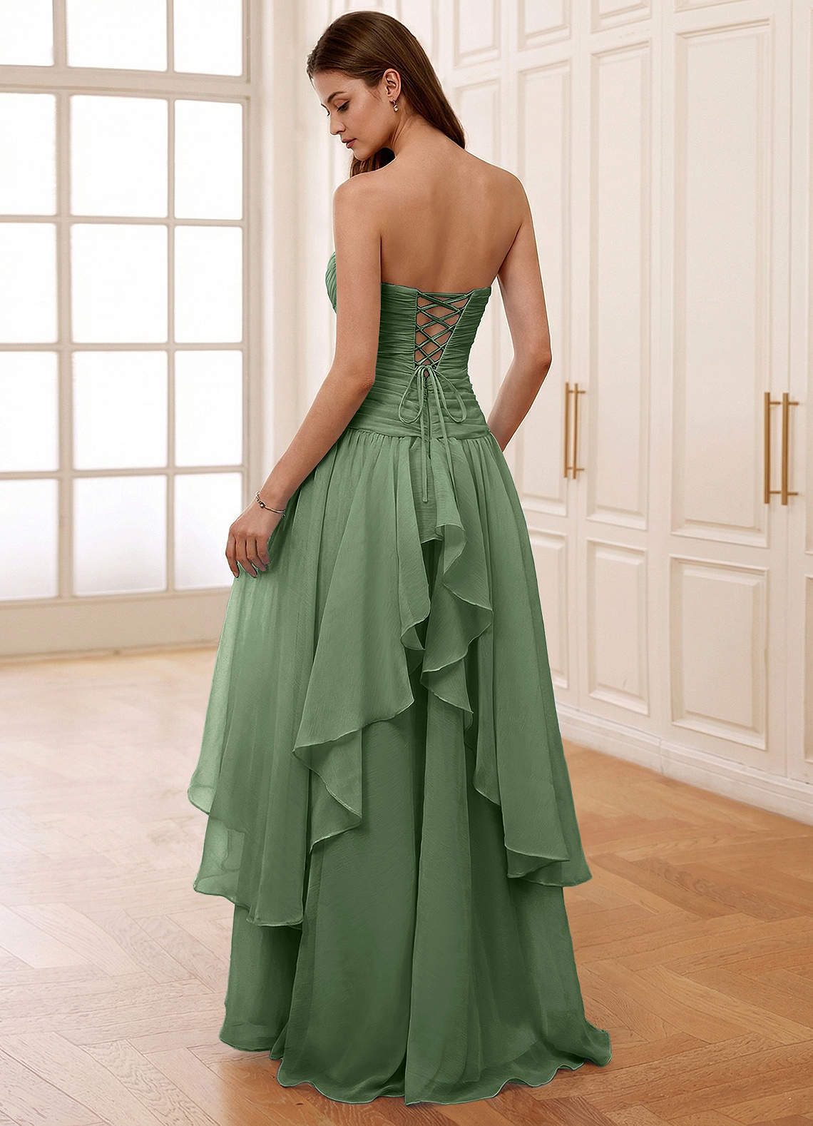 Ocavivien A-Line Strapless Tulle Prom Dress in Sage