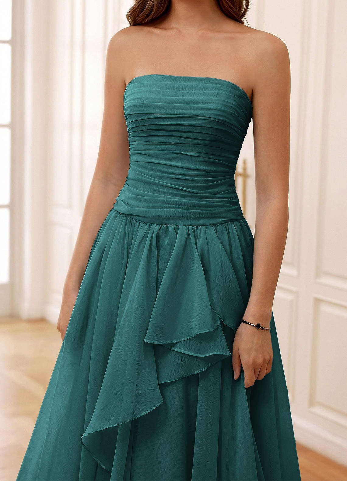 Ocavivien A-Line Strapless Tulle Prom Dress in Peacock