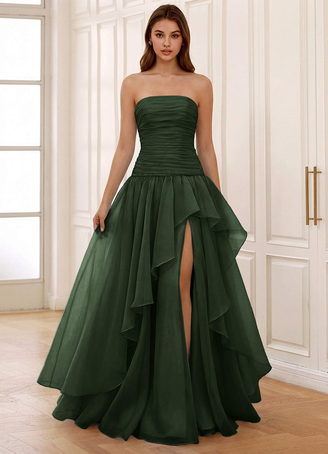 Ocavivien A-Line Strapless Tulle Prom Dress in Dark Green