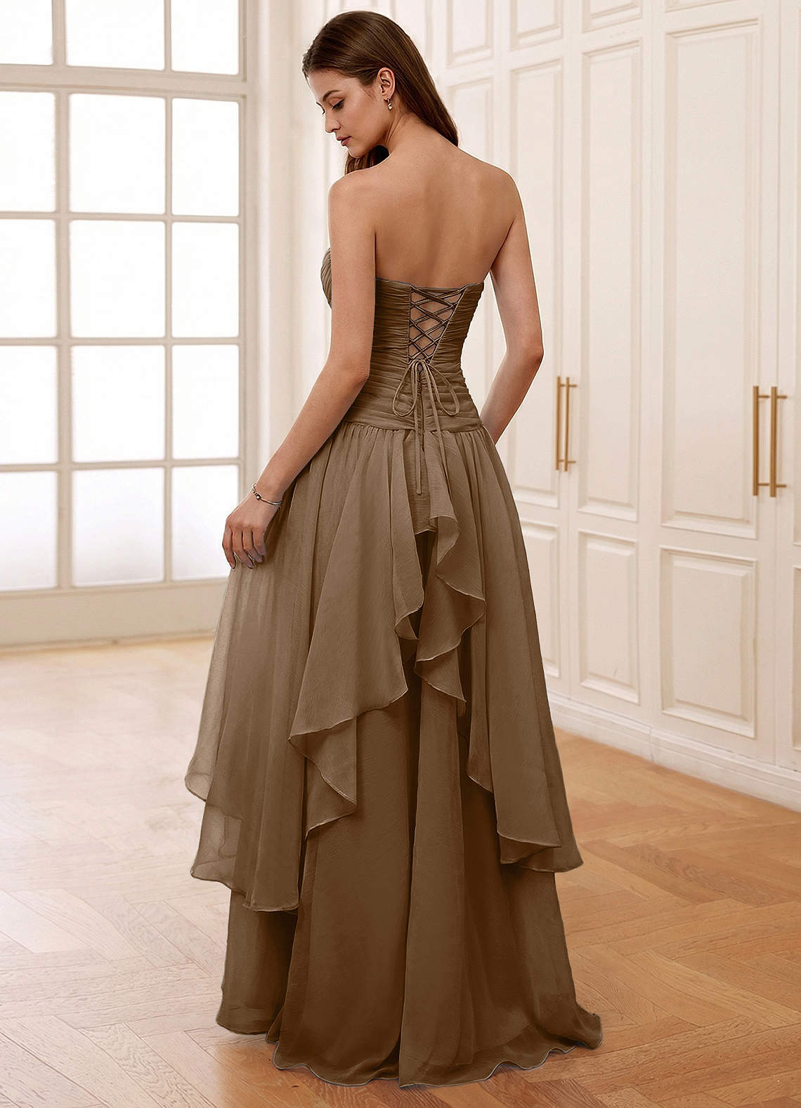 Ocavivien A-Line Strapless Tulle Prom Dress in Brown