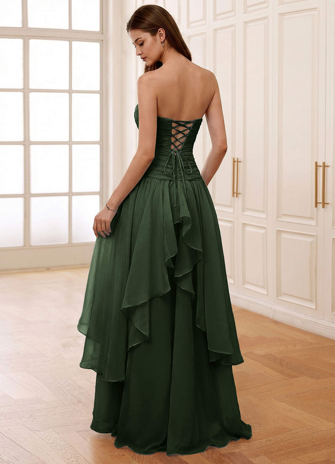 Ocavivien A-Line Strapless Tulle Prom Dress in Dark Green