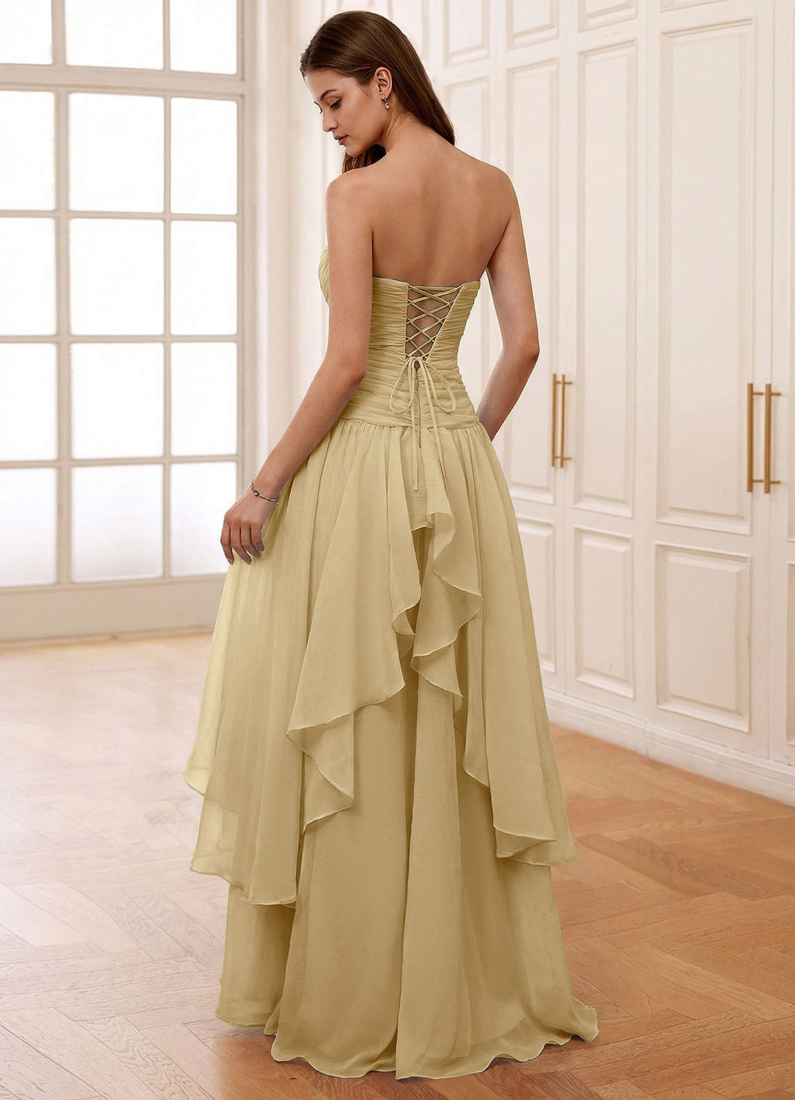 Ocavivien A-Line Strapless Tulle Prom Dress in Gold