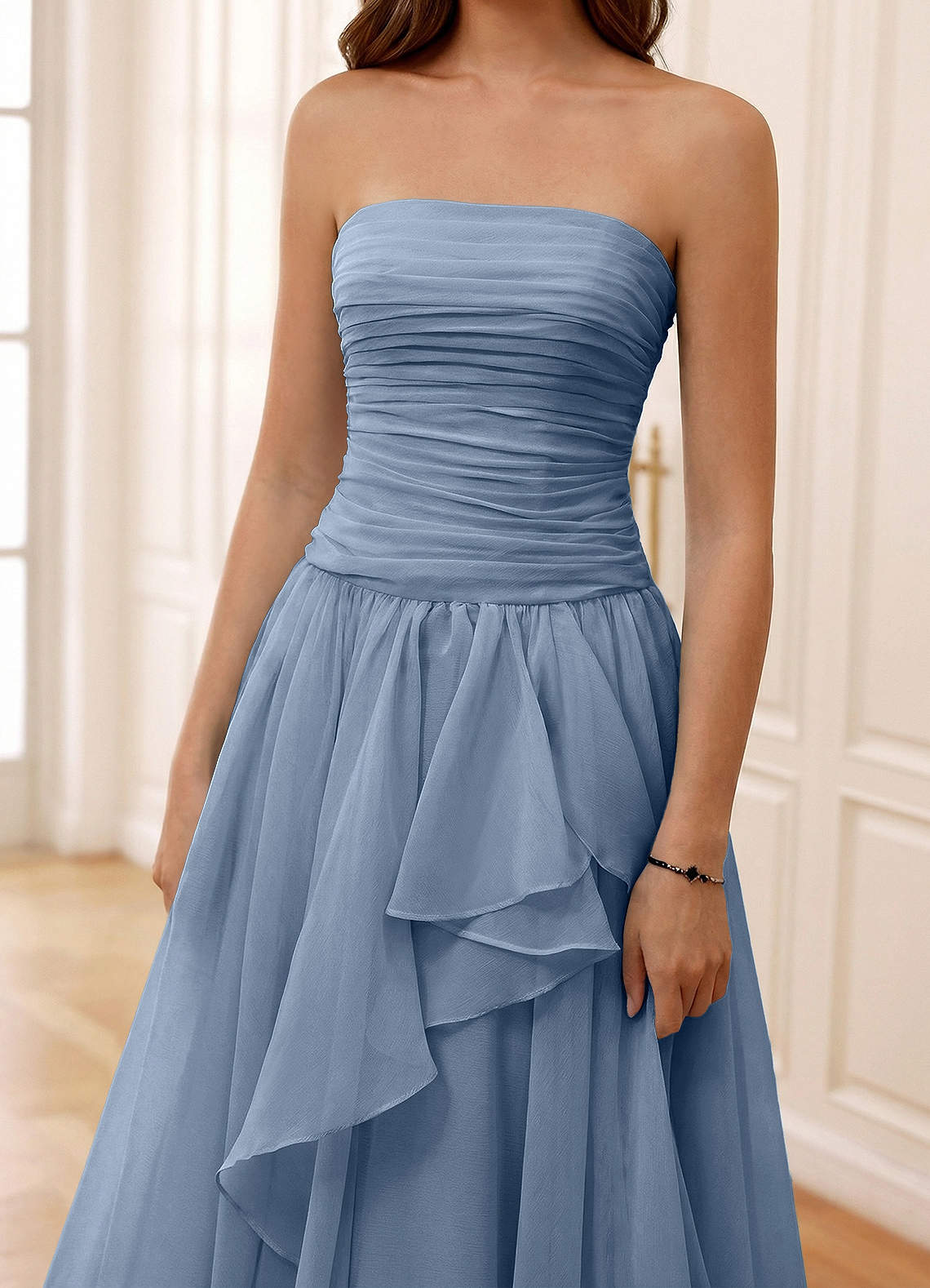 Ocavivien A-Line Strapless Tulle Prom Dress in Dusty Blue