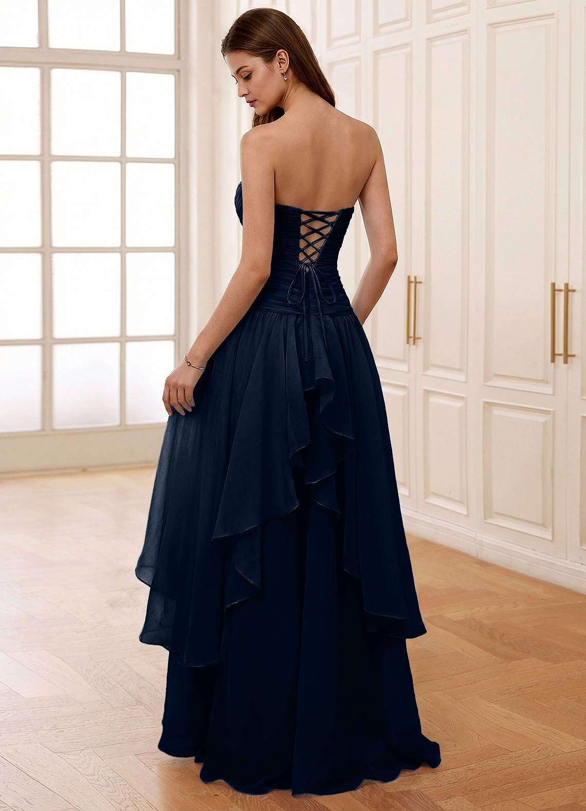 Ocavivien A-Line Strapless Tulle Prom Dress in Navy Blue