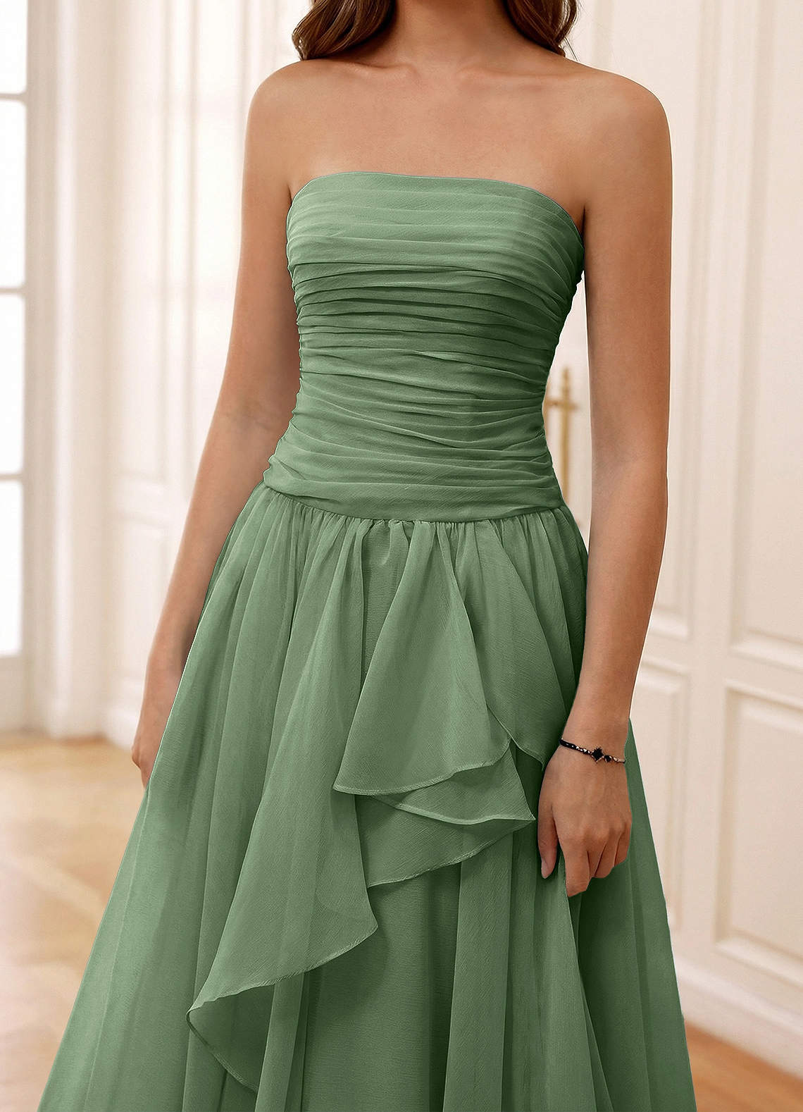 Ocavivien A-Line Strapless Tulle Prom Dress in Sage