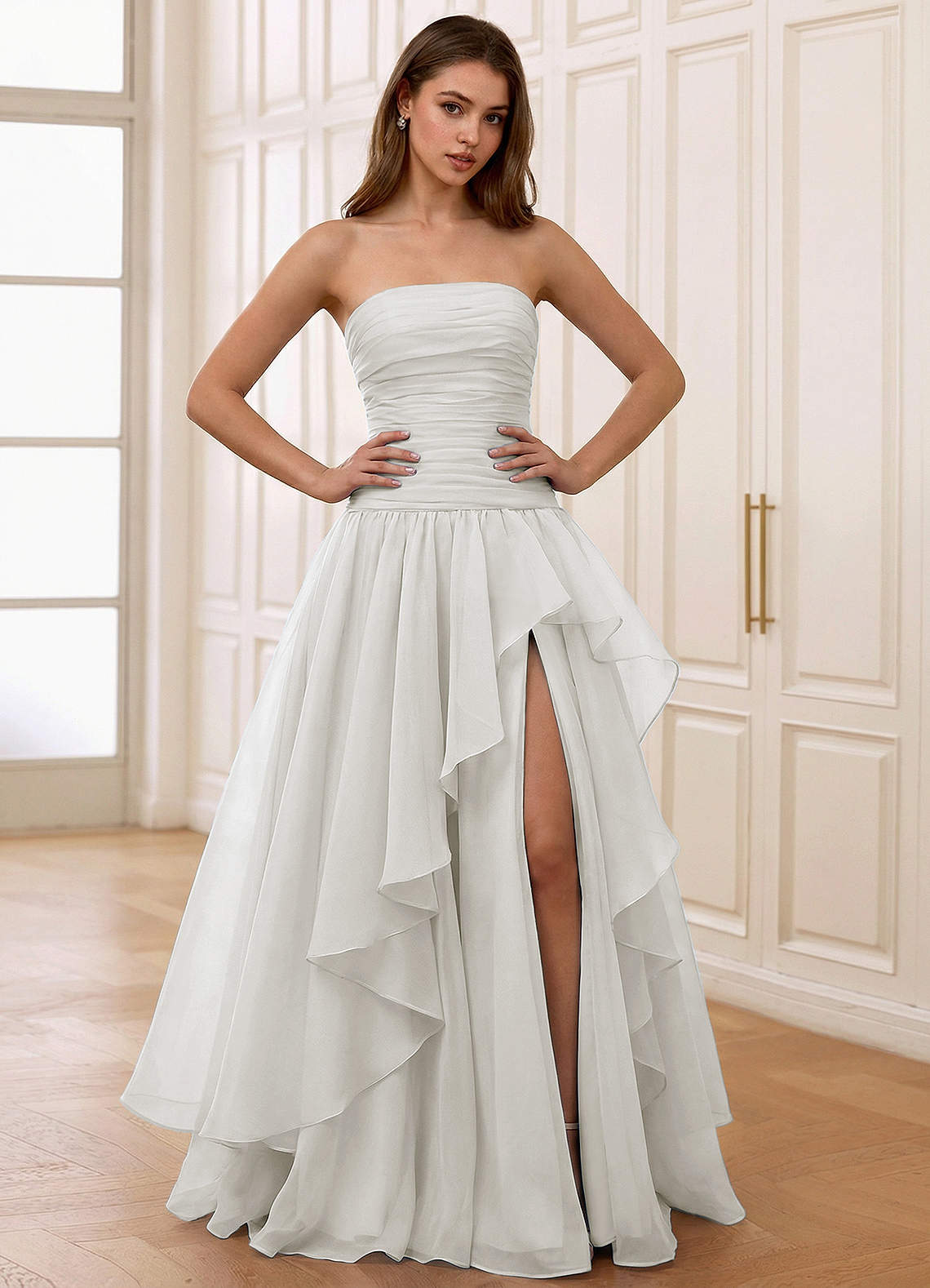Ocavivien A-Line Strapless Tulle Prom Dress in White