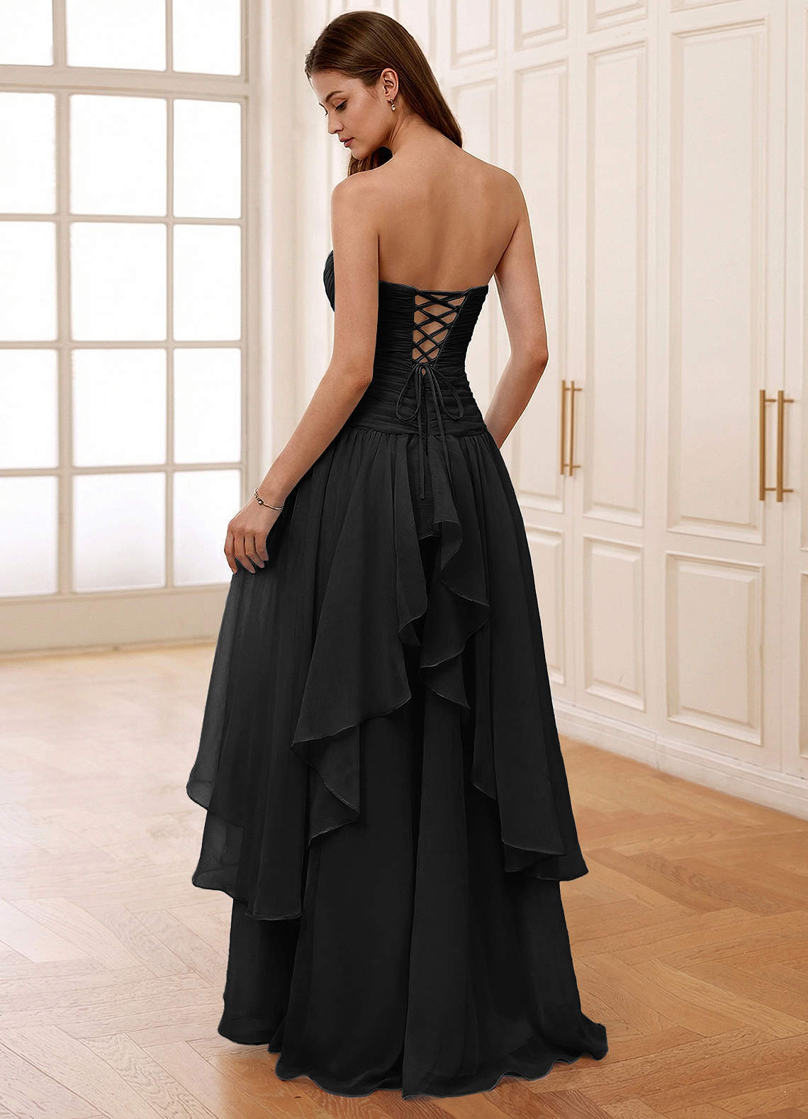 Ocavivien A-Line Strapless Tulle Prom Dress in Black