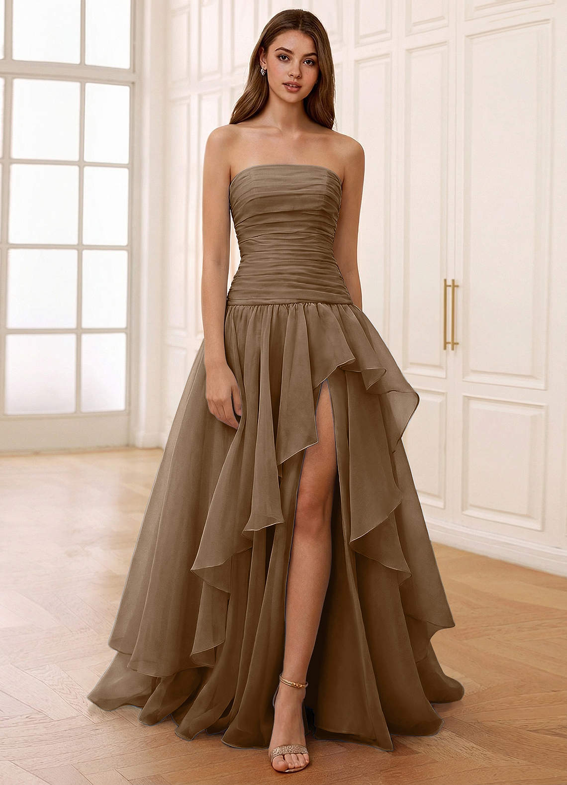 Ocavivien A-Line Strapless Tulle Prom Dress in Sage