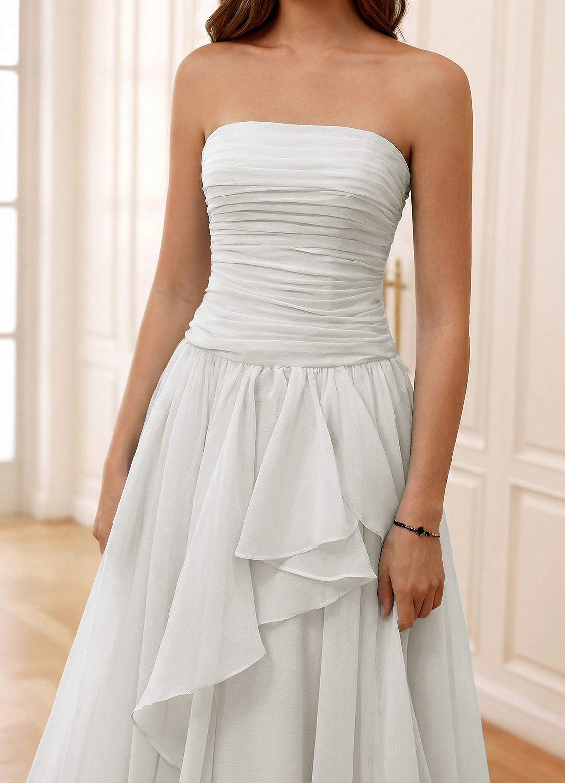 Ocavivien A-Line Strapless Tulle Prom Dress in White