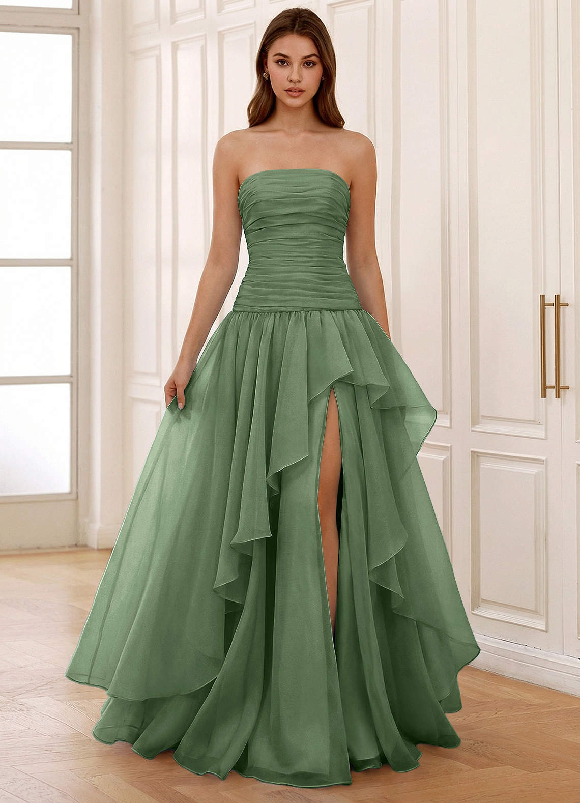Ocavivien A-Line Strapless Tulle Prom Dress in Sage