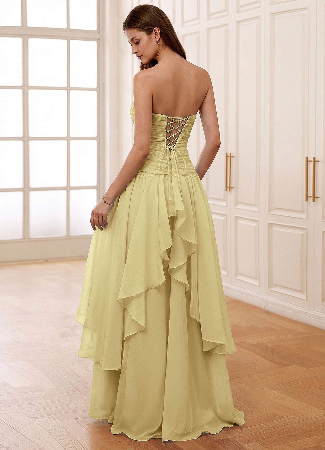 Ocavivien A-Line Strapless Tulle Prom Dress in Yellow