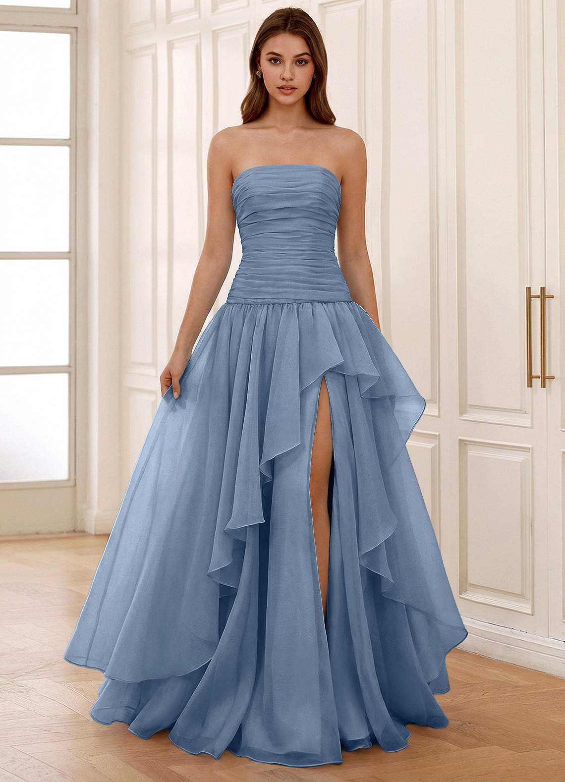 Ocavivien A-Line Strapless Tulle Prom Dress in Dusty Blue