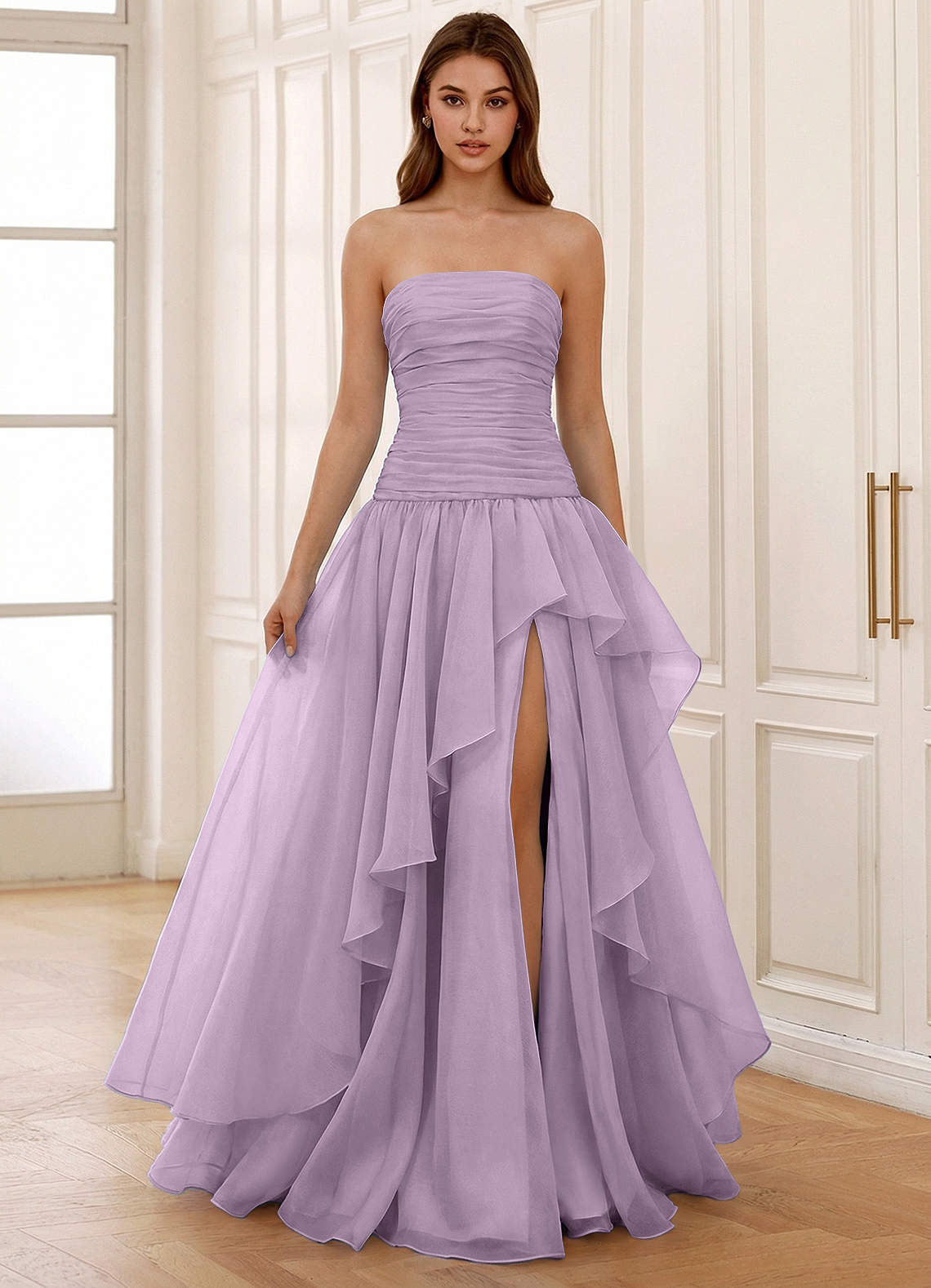 Ocavivien A-Line Strapless Tulle Prom Dress in Lilac