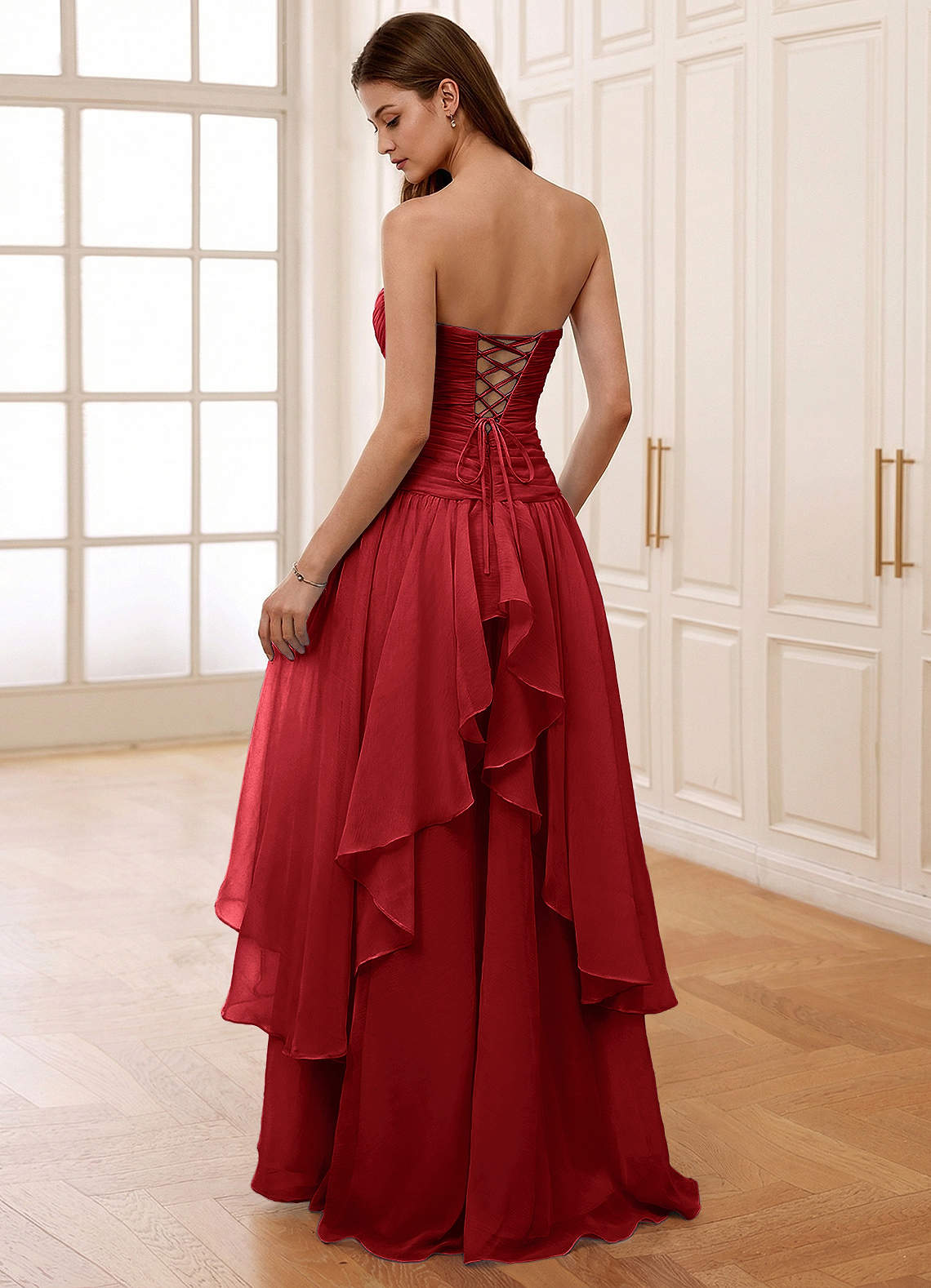 Ocavivien A-Line Strapless Tulle Prom Dress in Red