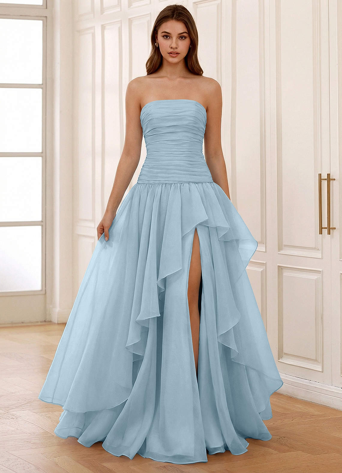 Ocavivien A-Line Strapless Tulle Prom Dress in Shy Blue