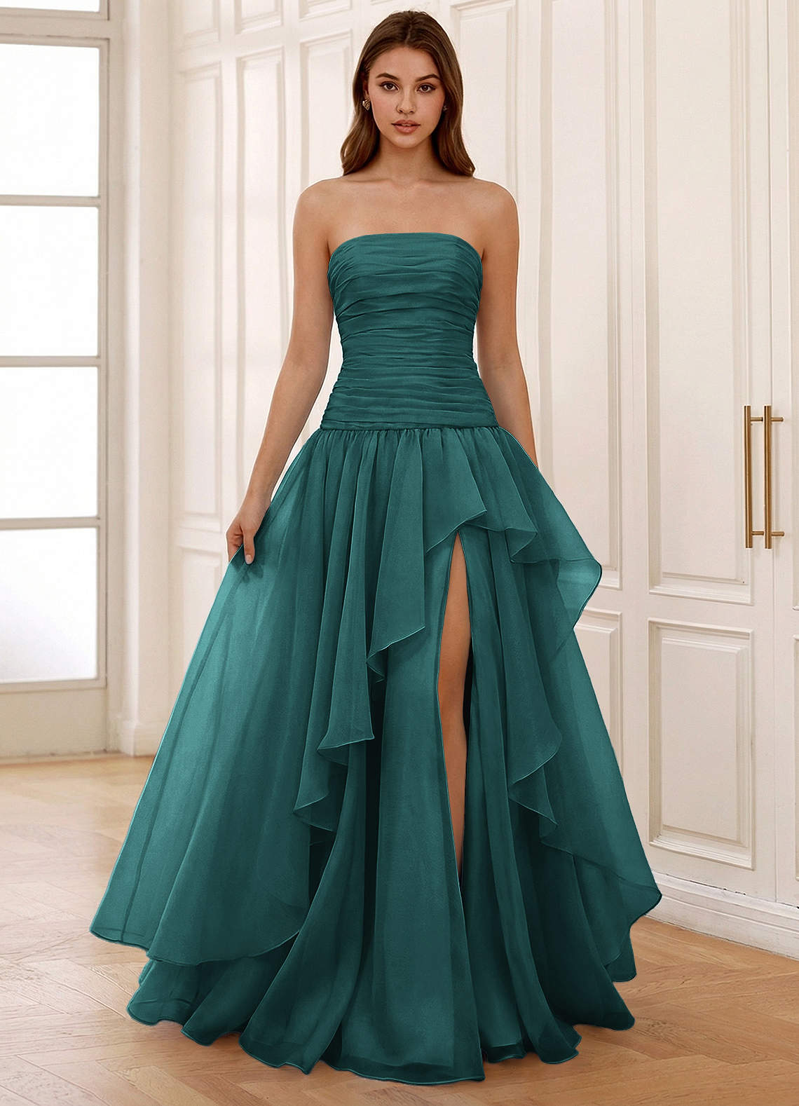 Ocavivien A-Line Strapless Tulle Prom Dress in Peacock