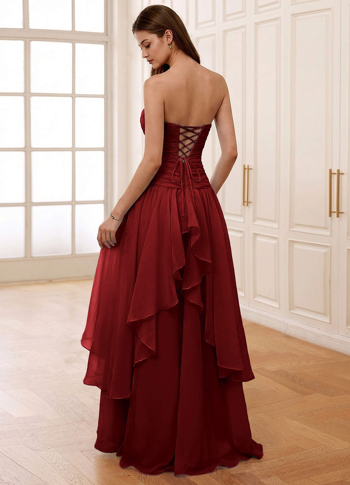 Ocavivien A-Line Strapless Tulle Prom Dress in Burgundy
