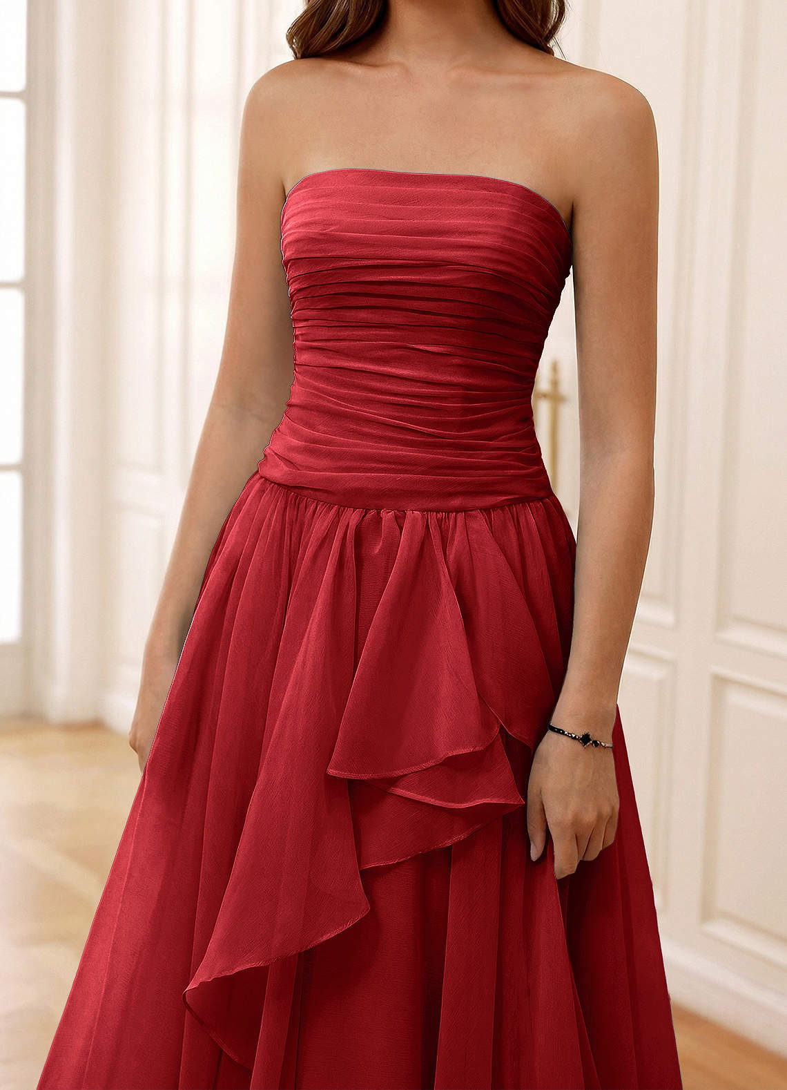 Ocavivien A-Line Strapless Tulle Prom Dress in Red