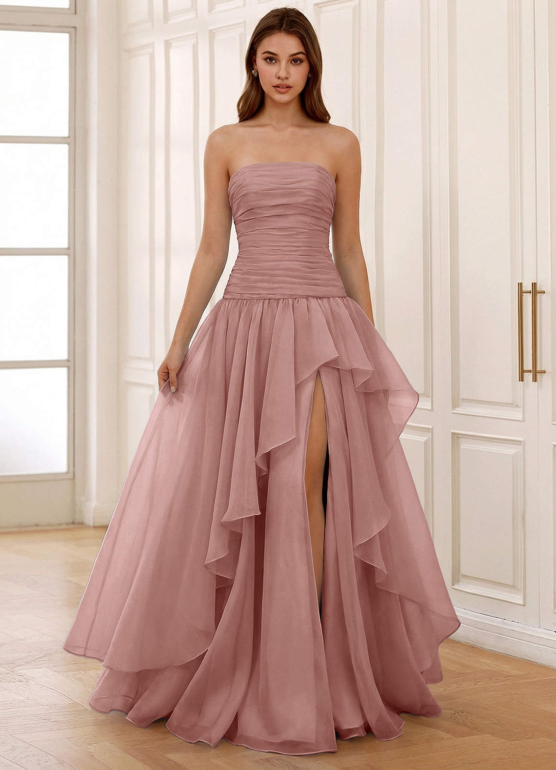 Ocavivien A-Line Strapless Tulle Prom Dress in Dusty Pink