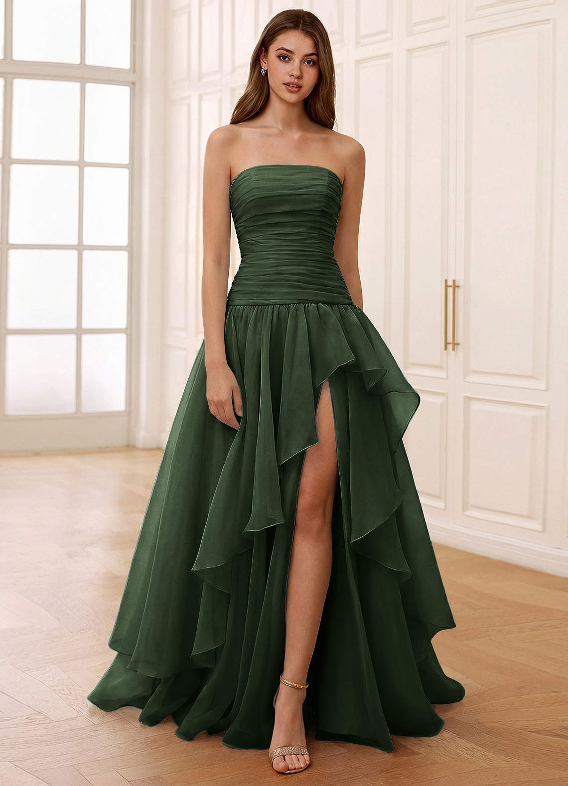 Ocavivien A-Line Strapless Tulle Prom Dress in Sage