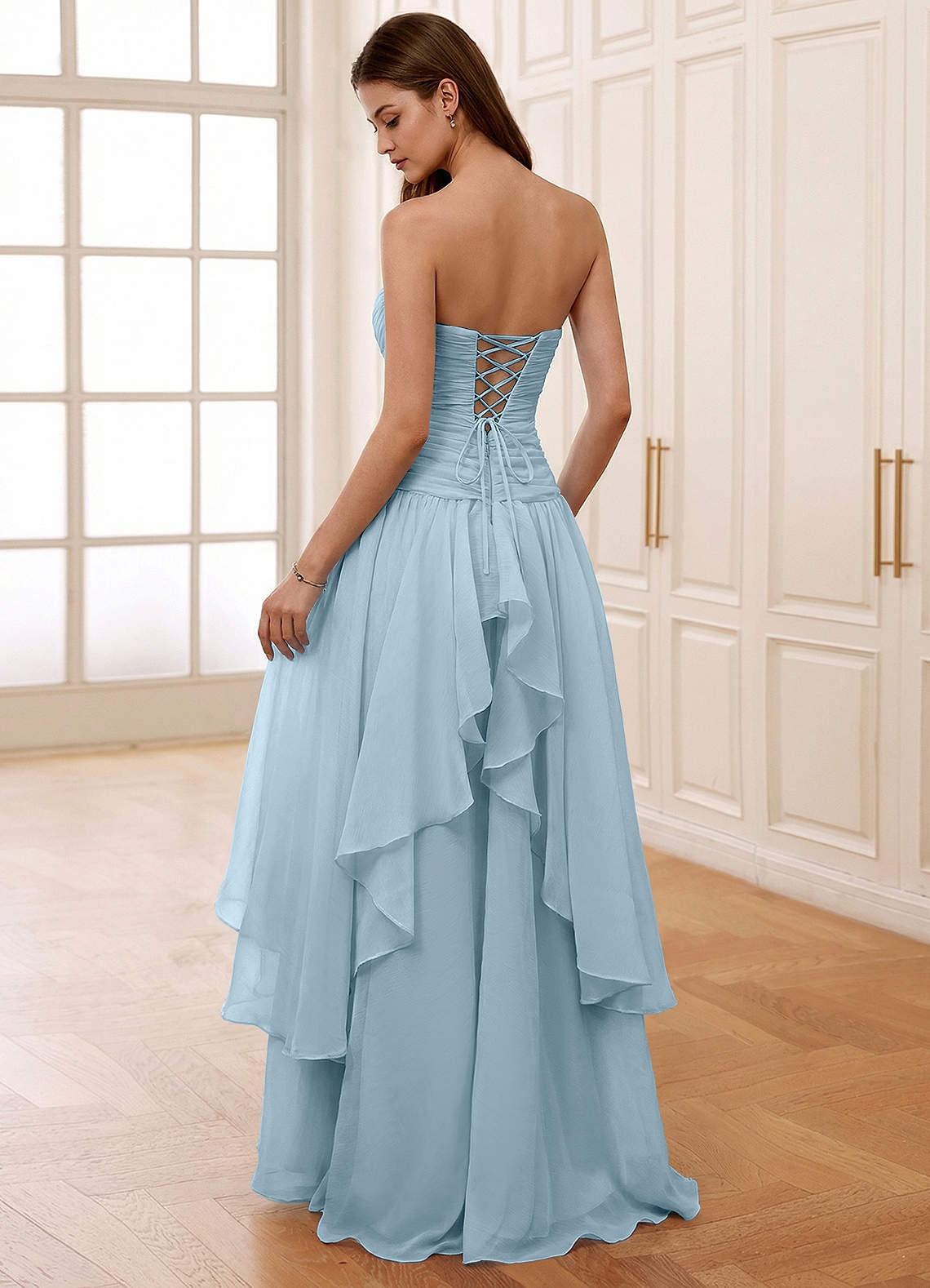 Ocavivien A-Line Strapless Tulle Prom Dress in Shy Blue