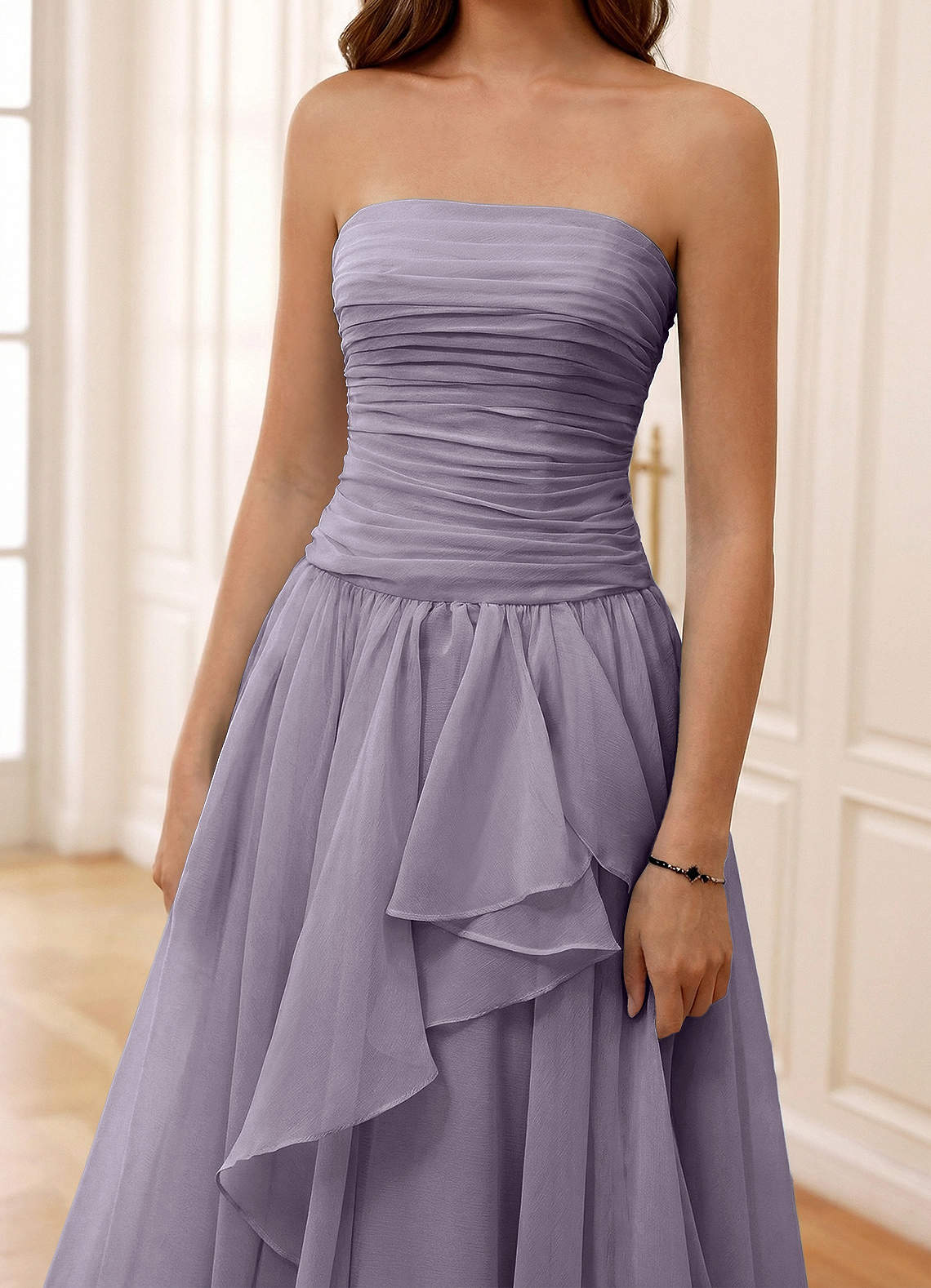 Ocavivien A-Line Strapless Tulle Prom Dress in Wisteria