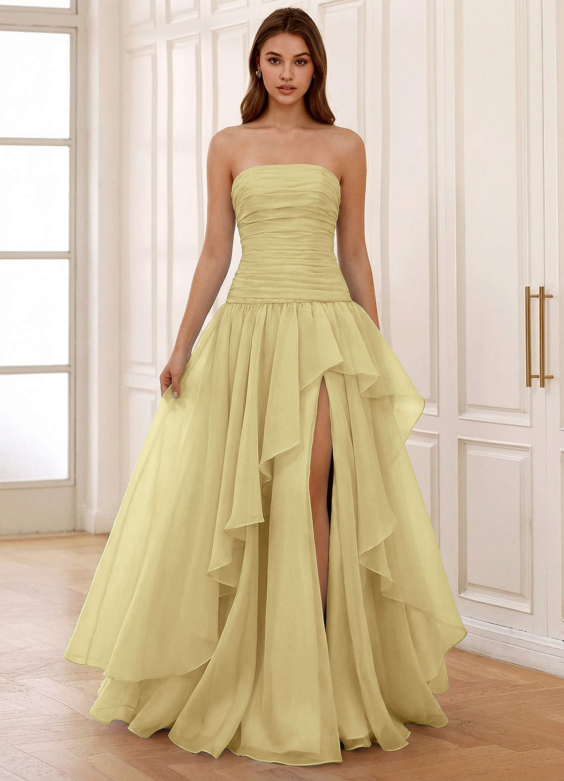 Ocavivien A-Line Strapless Tulle Prom Dress in Yellow
