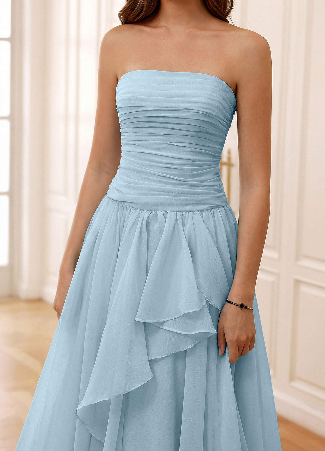Ocavivien A-Line Strapless Tulle Prom Dress in Shy Blue