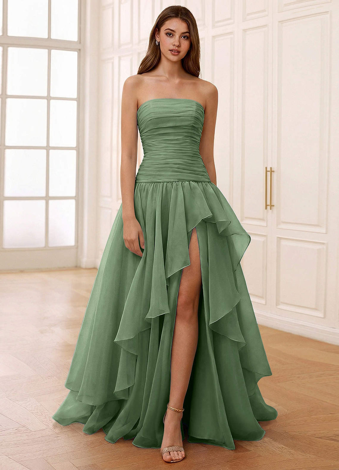 Ocavivien A-Line Strapless Tulle Prom Dress in Sage