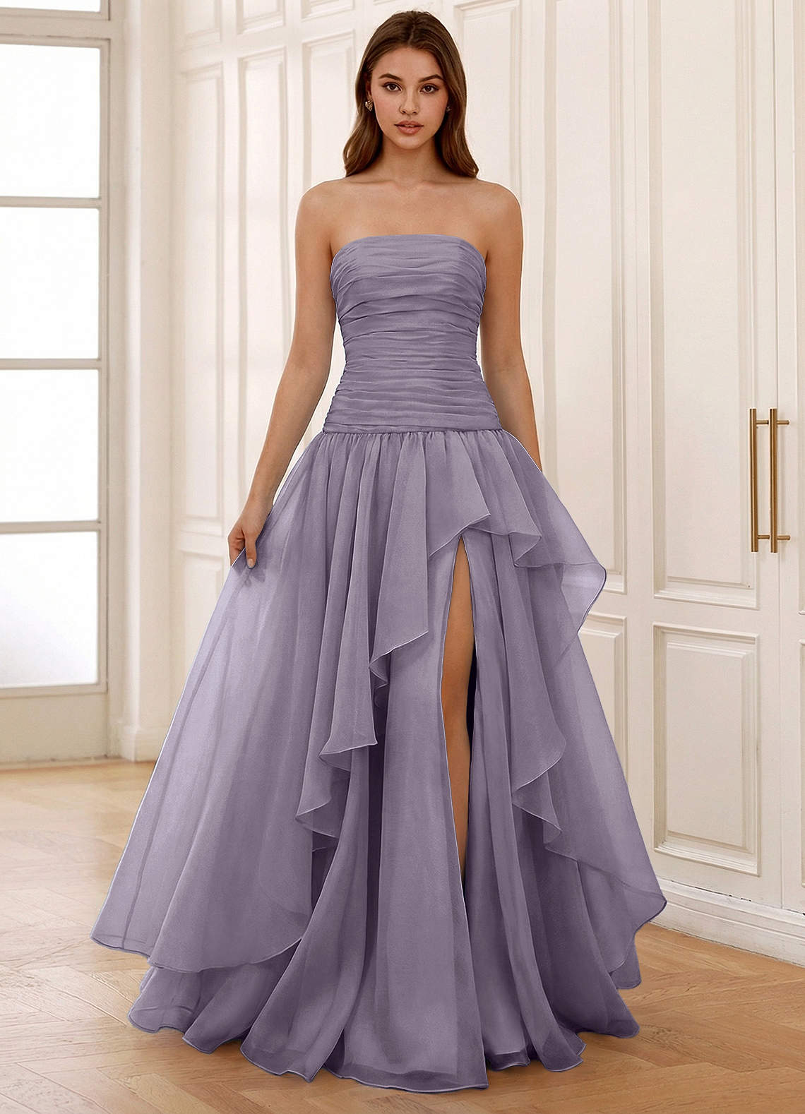 Ocavivien A-Line Strapless Tulle Prom Dress in Wisteria