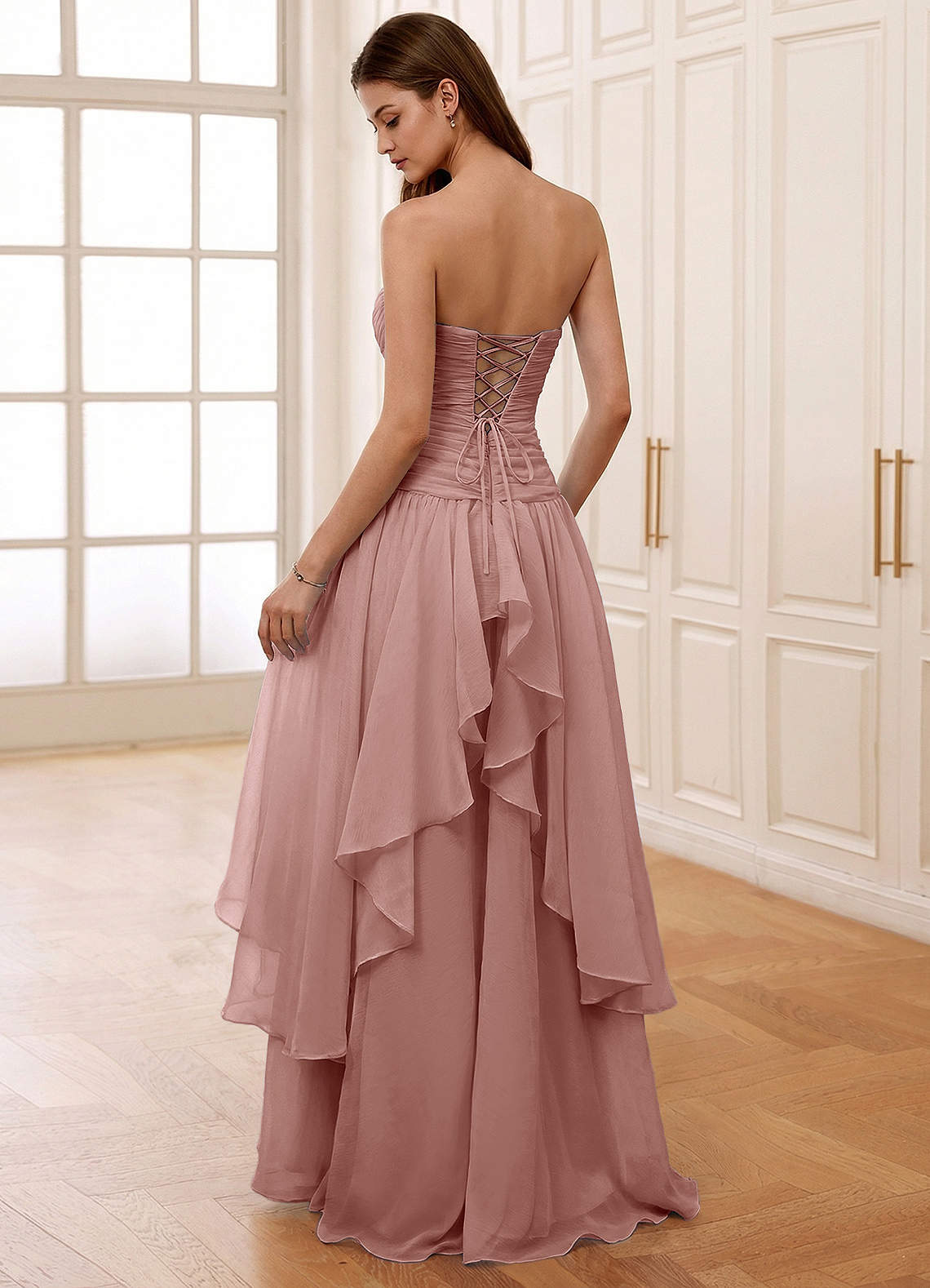 Ocavivien A-Line Strapless Tulle Prom Dress in Dusty Pink