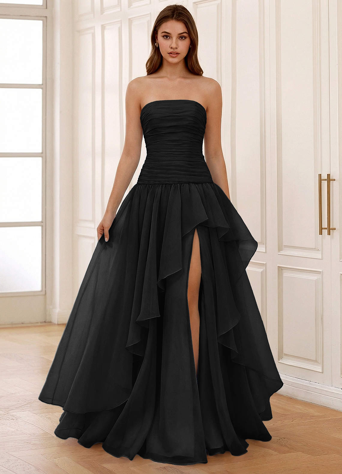Ocavivien A-Line Strapless Tulle Prom Dress in Black