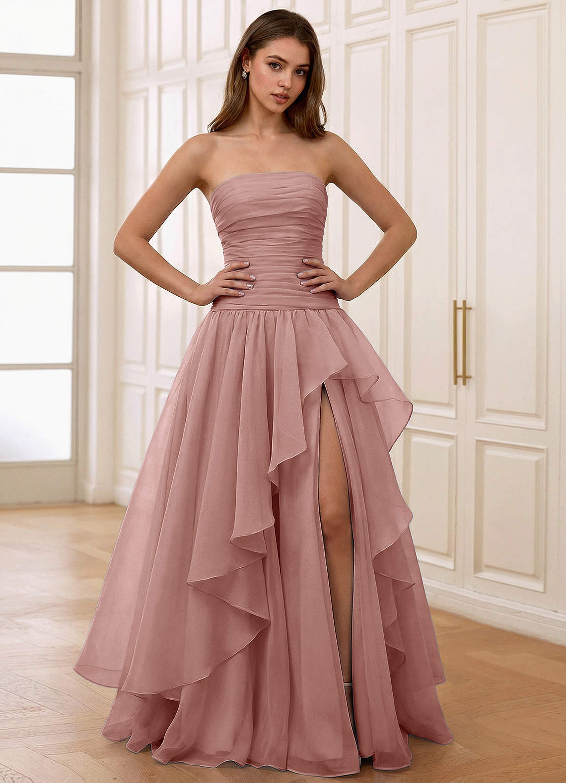 Ocavivien A-Line Strapless Tulle Prom Dress in Dusty Pink