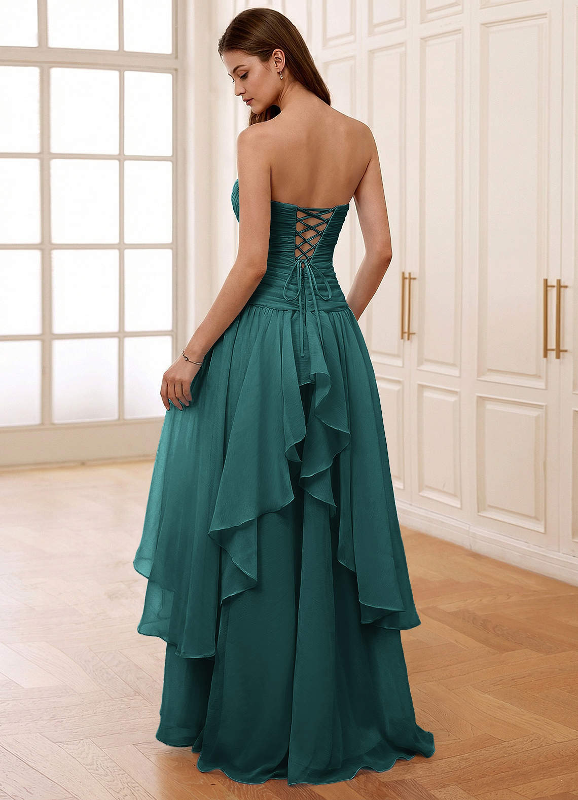 Ocavivien A-Line Strapless Tulle Prom Dress in Peacock