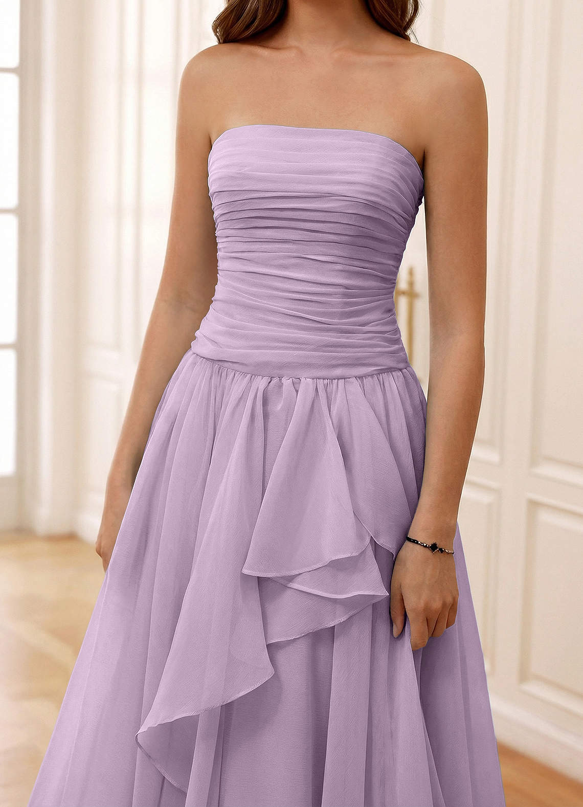 Ocavivien A-Line Strapless Tulle Prom Dress in Lilac