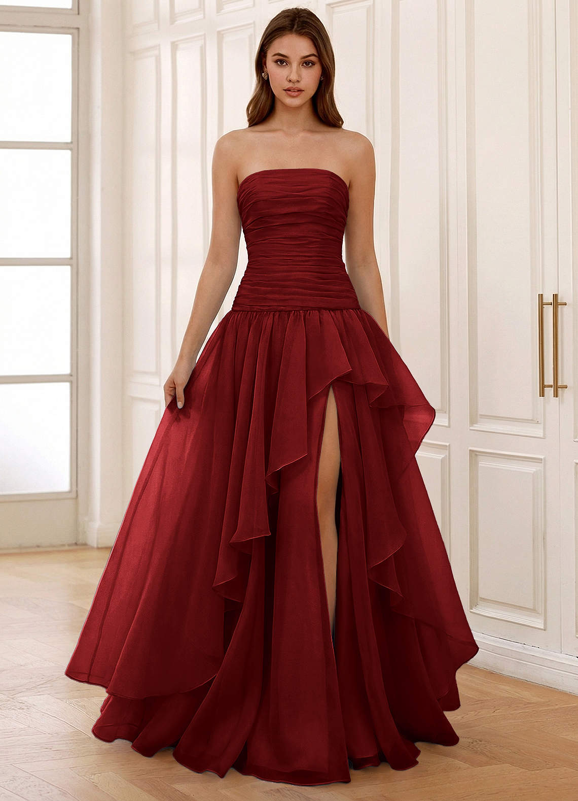 Ocavivien A-Line Strapless Tulle Prom Dress in Burgundy