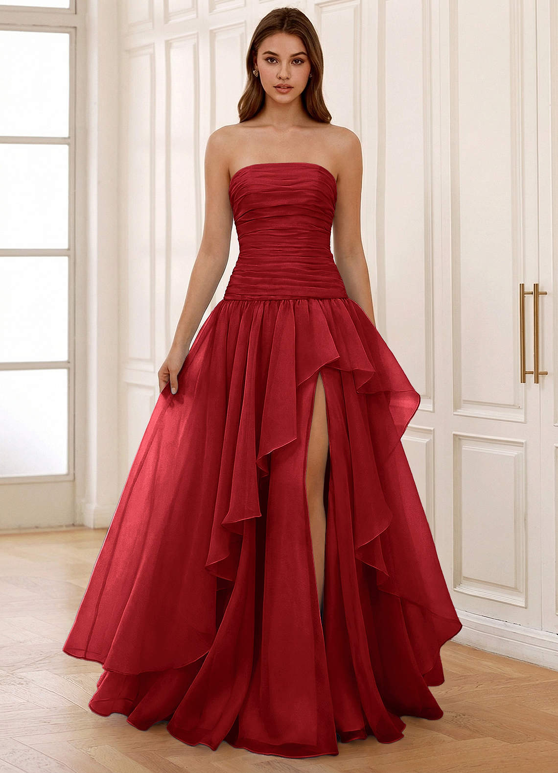 Ocavivien A-Line Strapless Tulle Prom Dress in Red