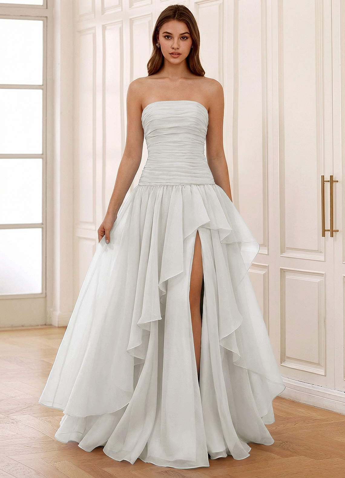 Ocavivien A-Line Strapless Tulle Prom Dress in White
