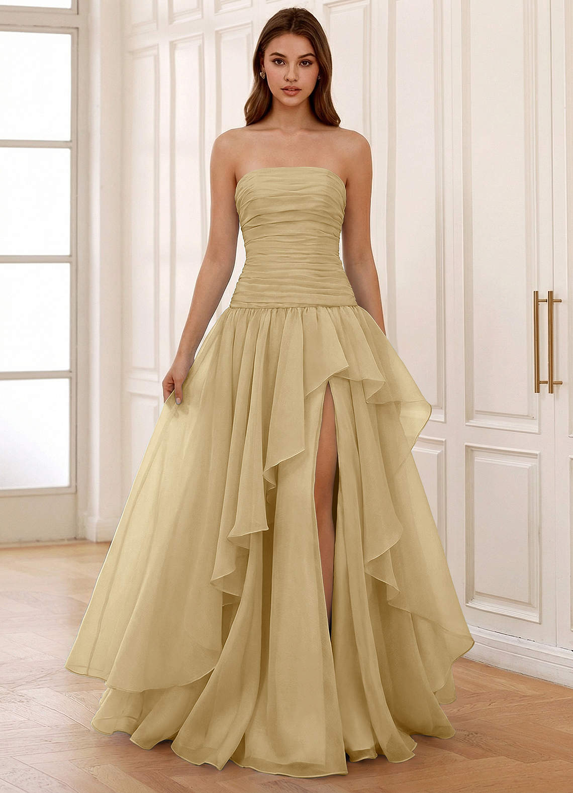 Ocavivien A-Line Strapless Tulle Prom Dress in Gold