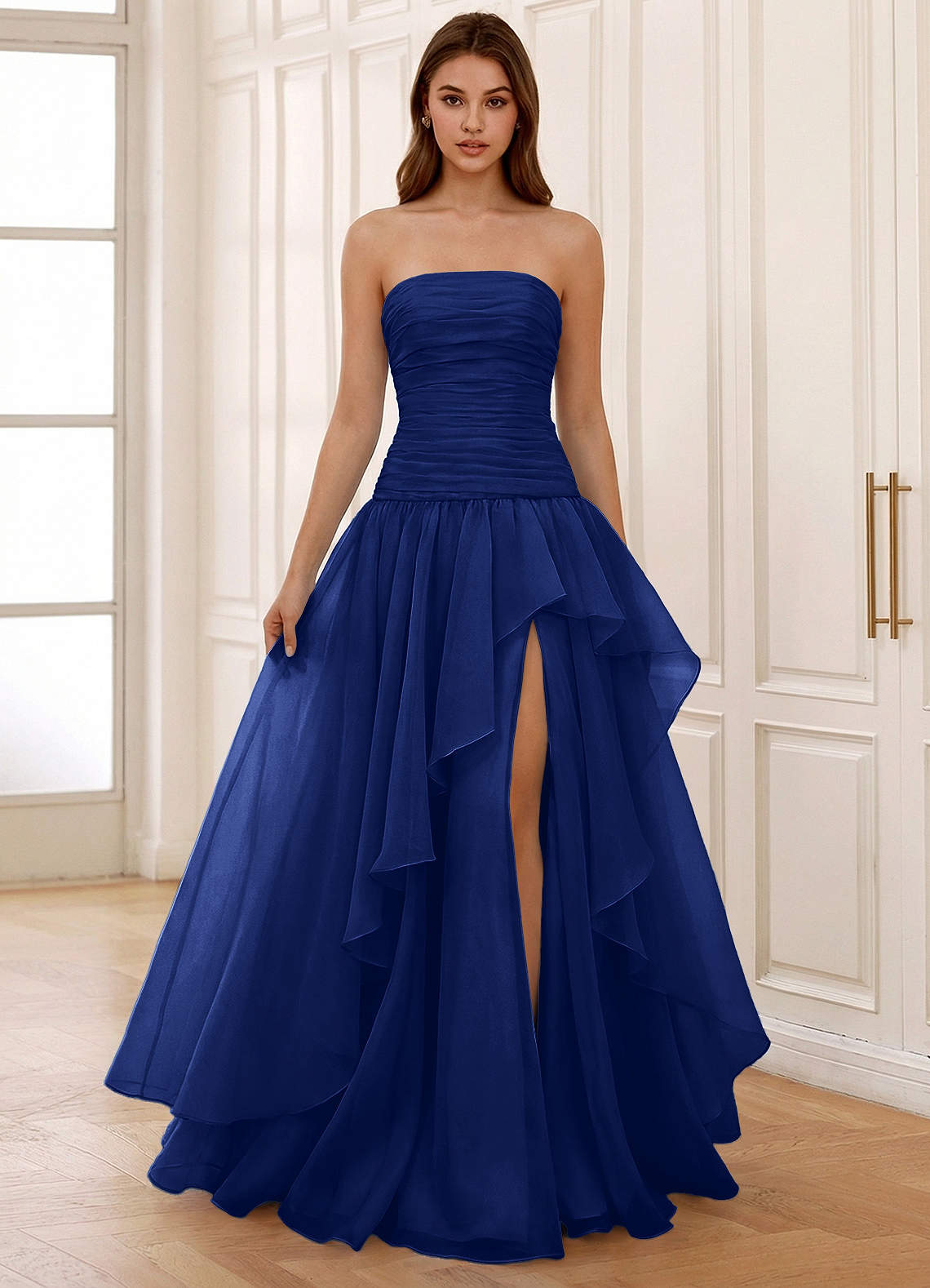 Ocavivien A-Line Strapless Tulle Prom Dress in Royal Blue