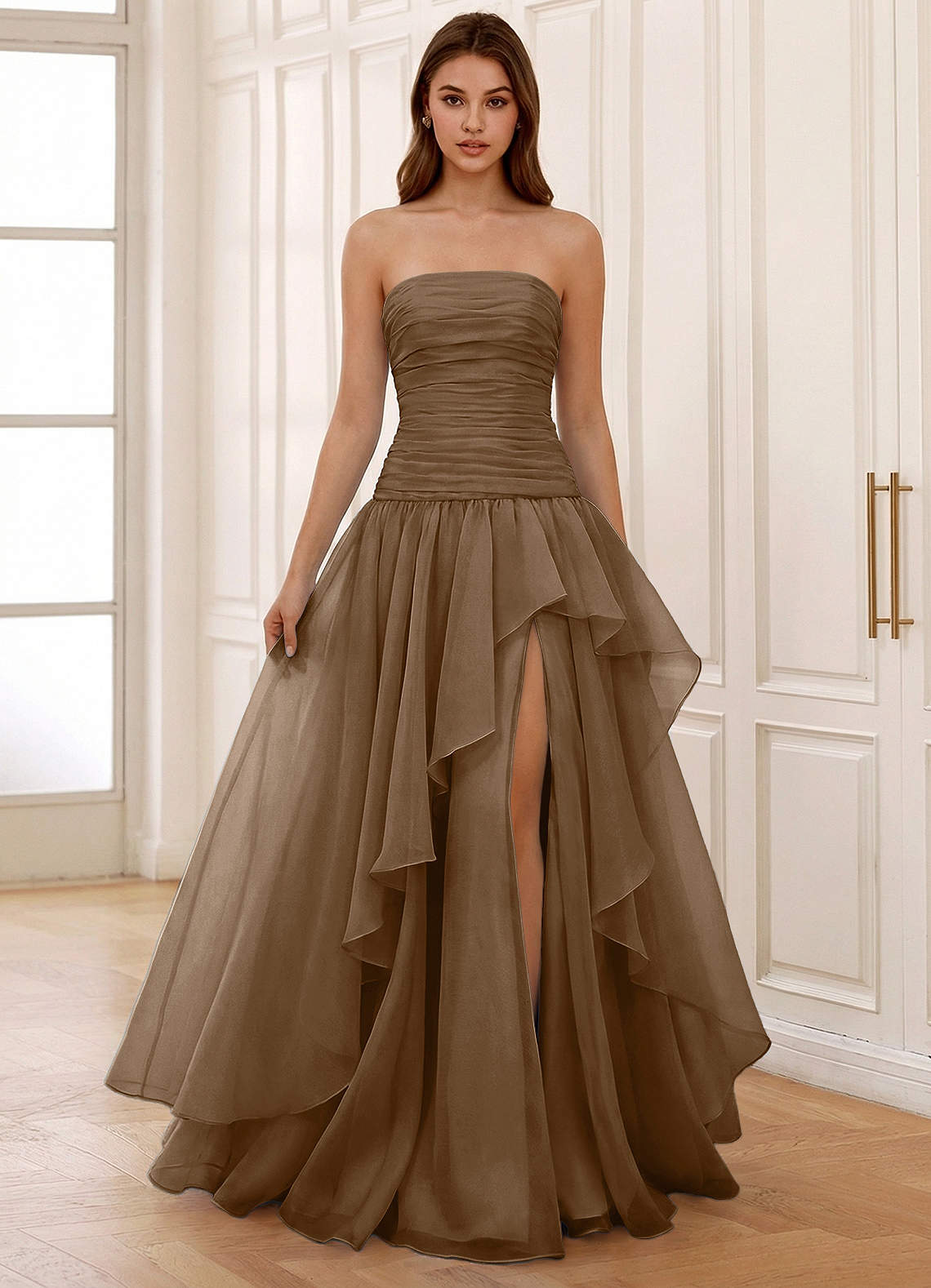 Ocavivien A-Line Strapless Tulle Prom Dress in Brown