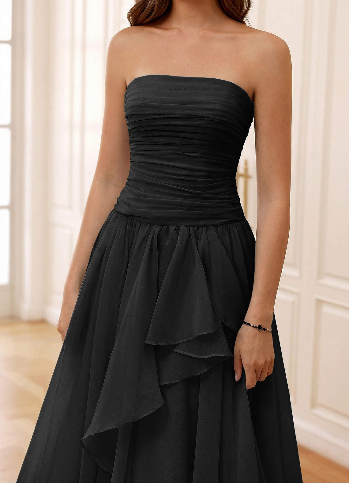 Ocavivien A-Line Strapless Tulle Prom Dress in Black