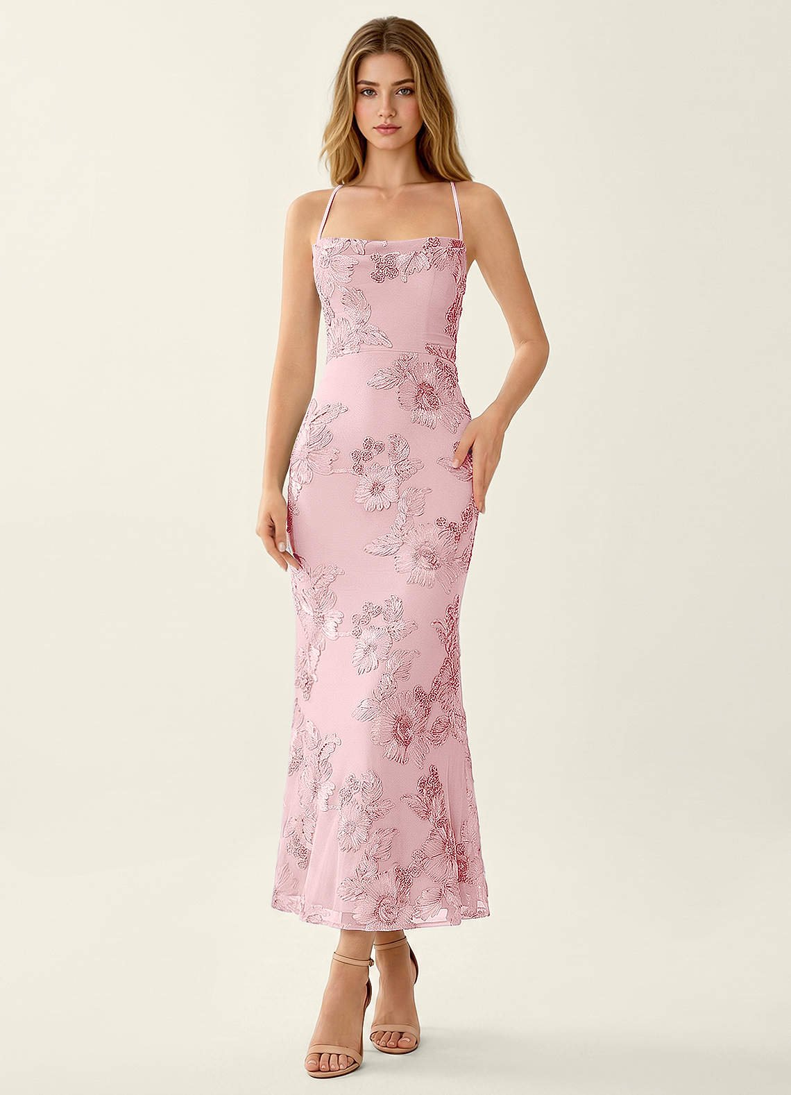 Octavenlly Mermaid Midi Floral Mesh Wedding Guest Dress in Yellow