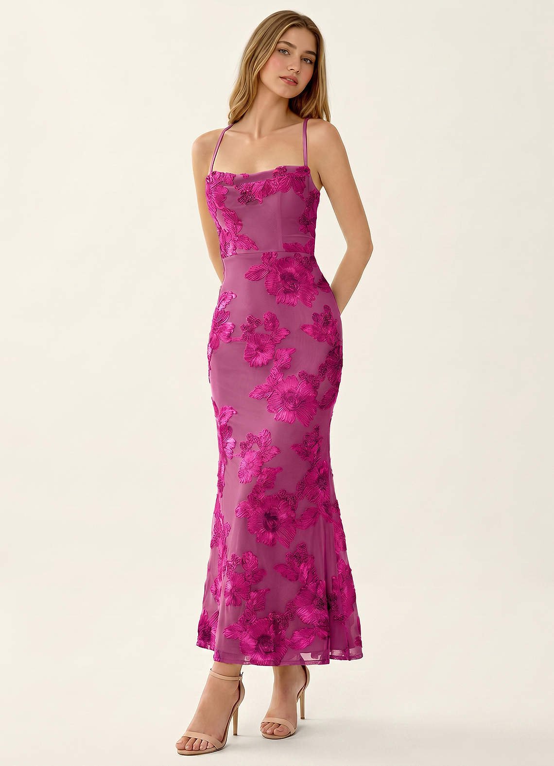 Octavenlly Mermaid Midi Floral Mesh Wedding Guest Dress in Yellow
