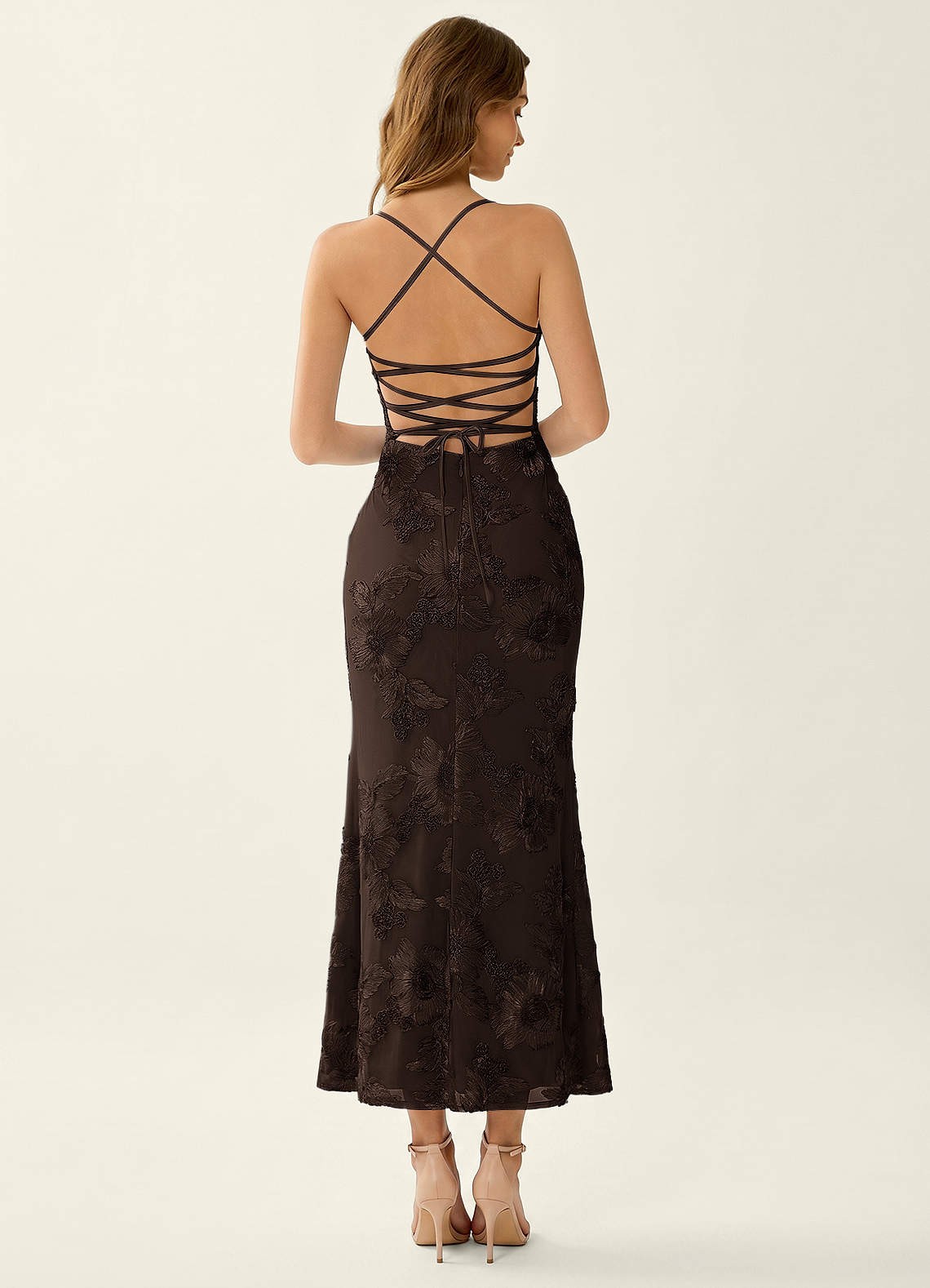 Octavenlly Mermaid Midi Floral Mesh Wedding Guest Dress in Coco
