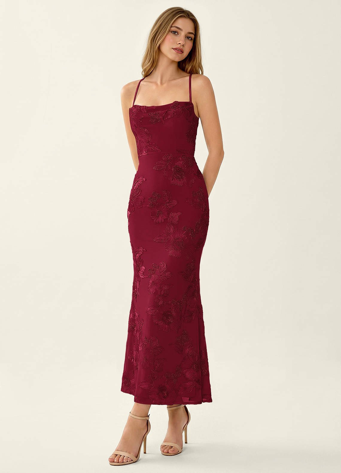 Octavenlly Mermaid Midi Floral Mesh Wedding Guest Dress in Burgundy