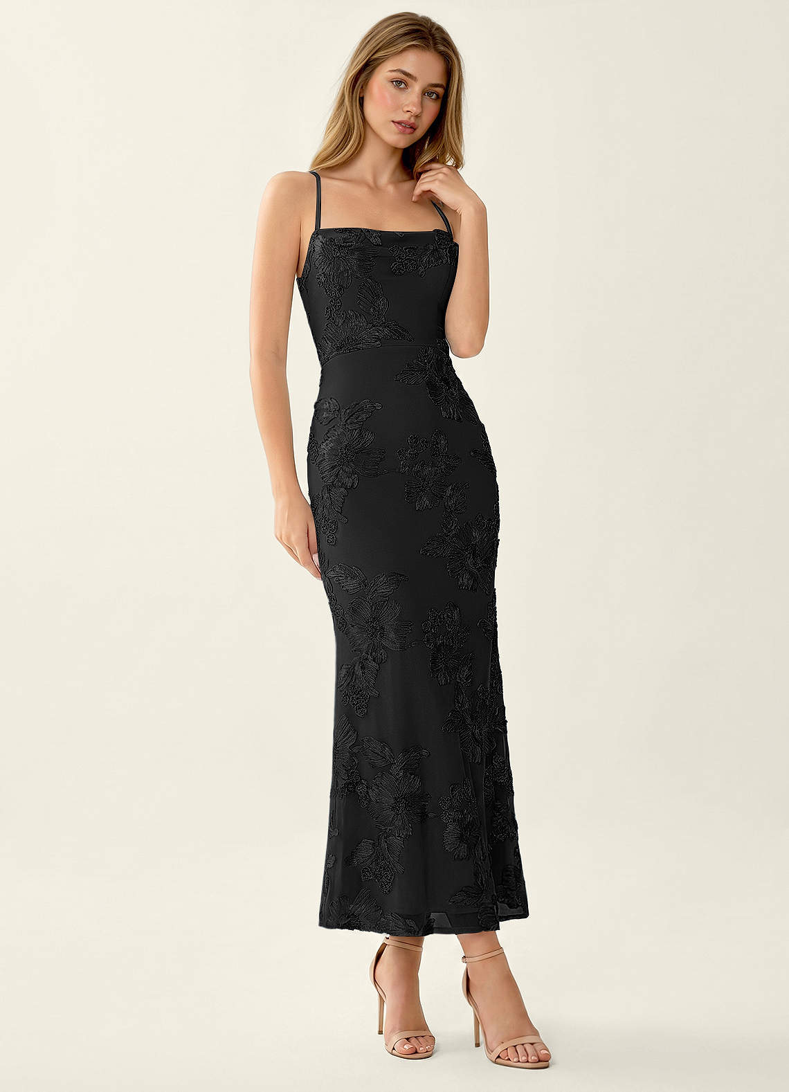 Octavenlly Mermaid Midi Floral Mesh Wedding Guest Dress in black