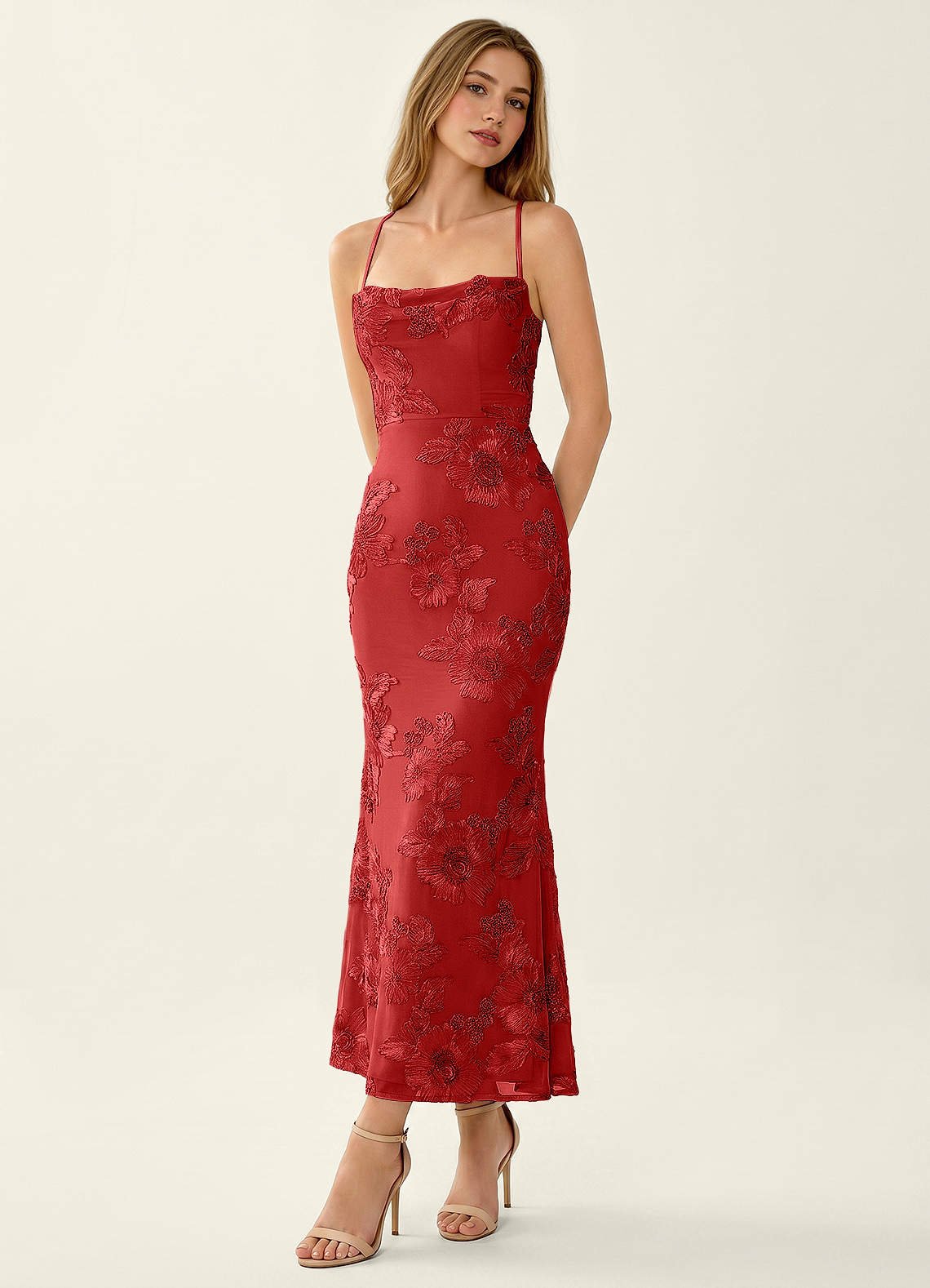 Octavenlly Mermaid Midi Floral Mesh Wedding Guest Dress in Red